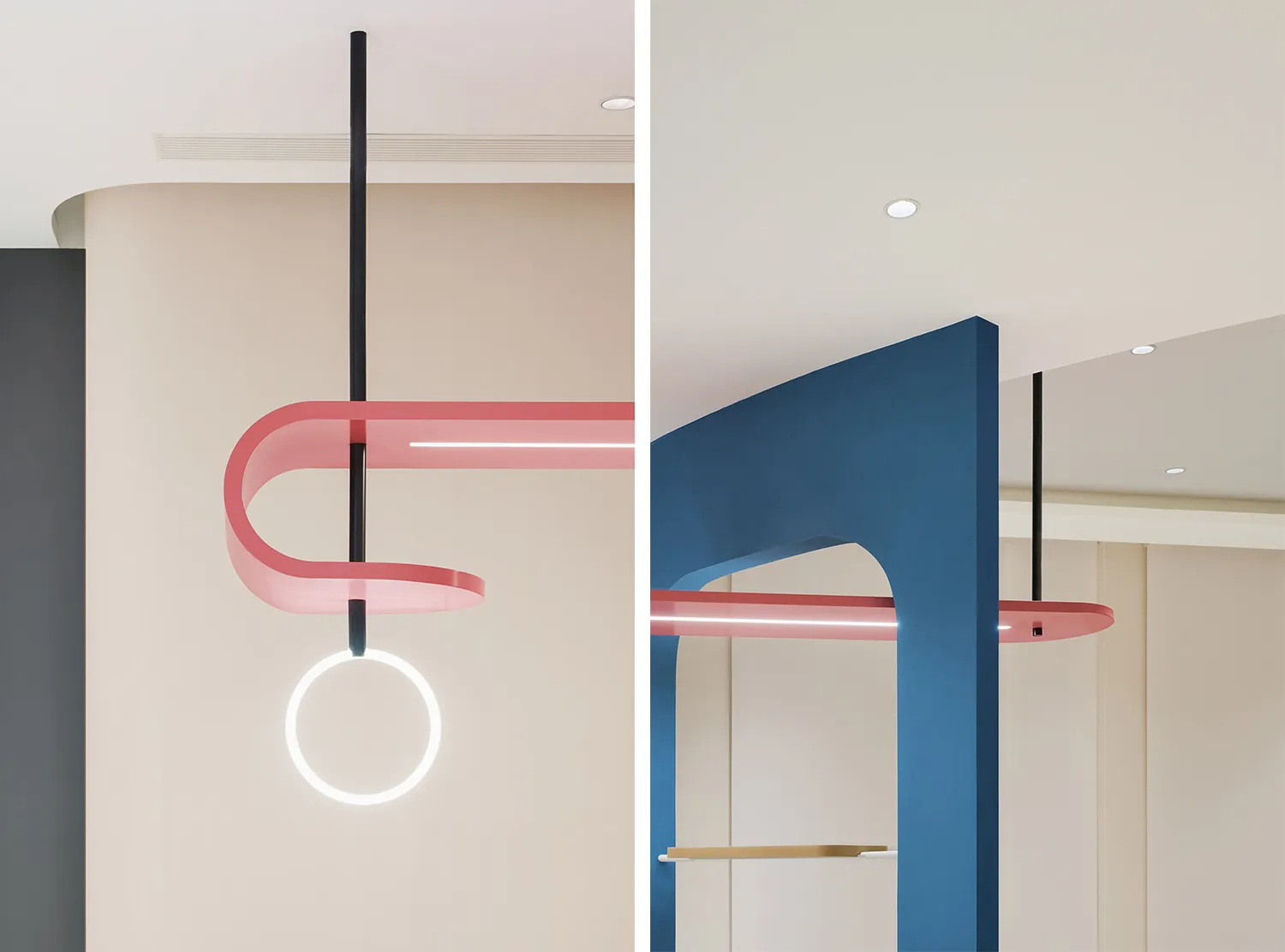 Modern interior design featuring metal and acrylic light fixtures.
