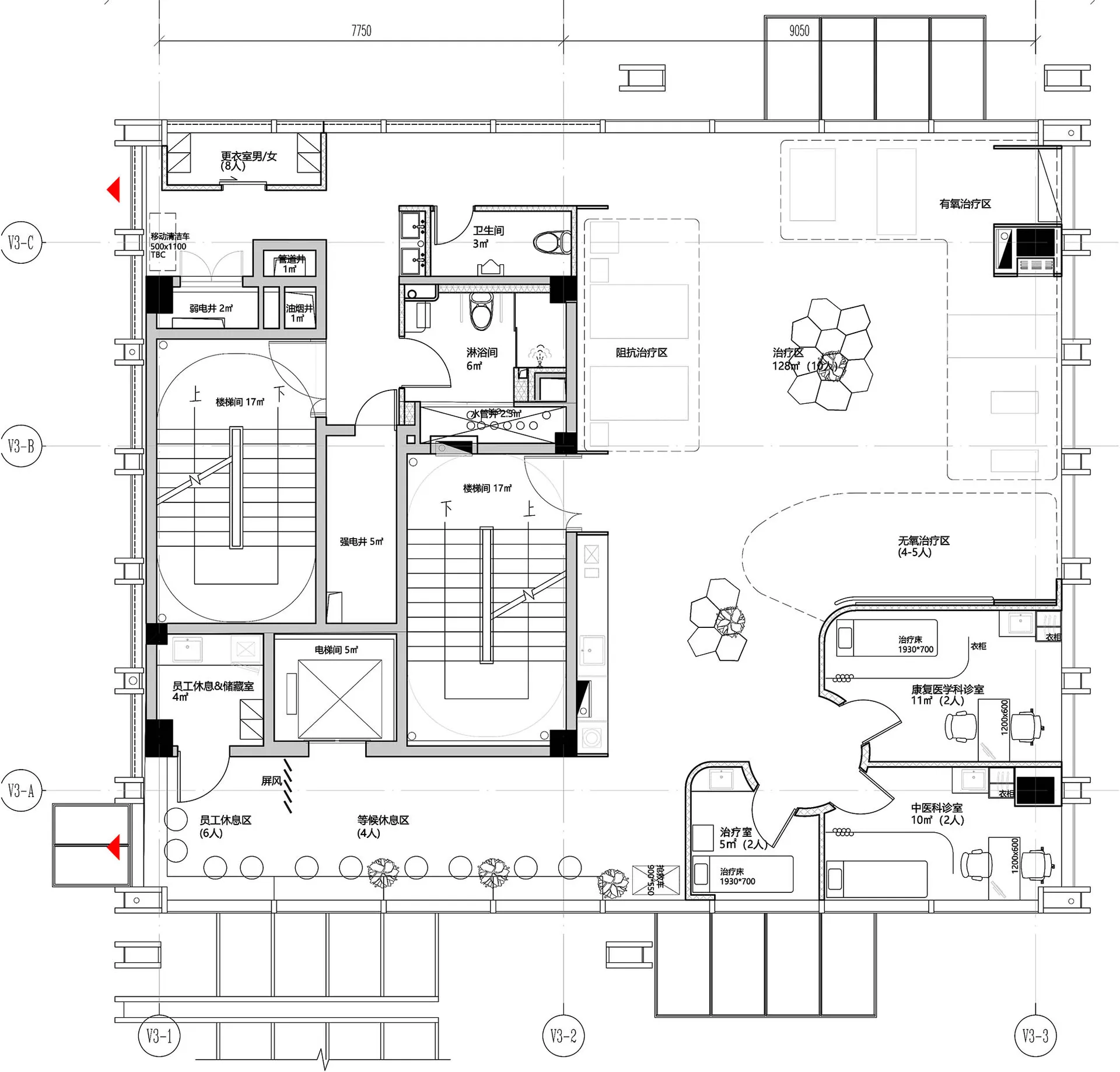 Industrial building interiors with concrete, metal, and glass materials shown in a floor plan layout.