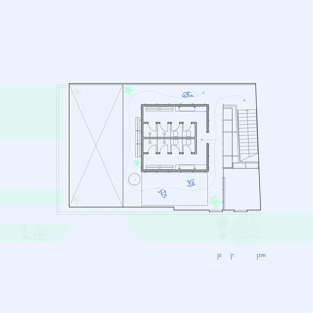 A technical drawing of a modern architectural floor plan with mixed materials.