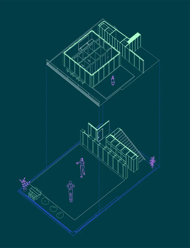 當代室內空間的等角建築繪圖，具備簡約設計特色。