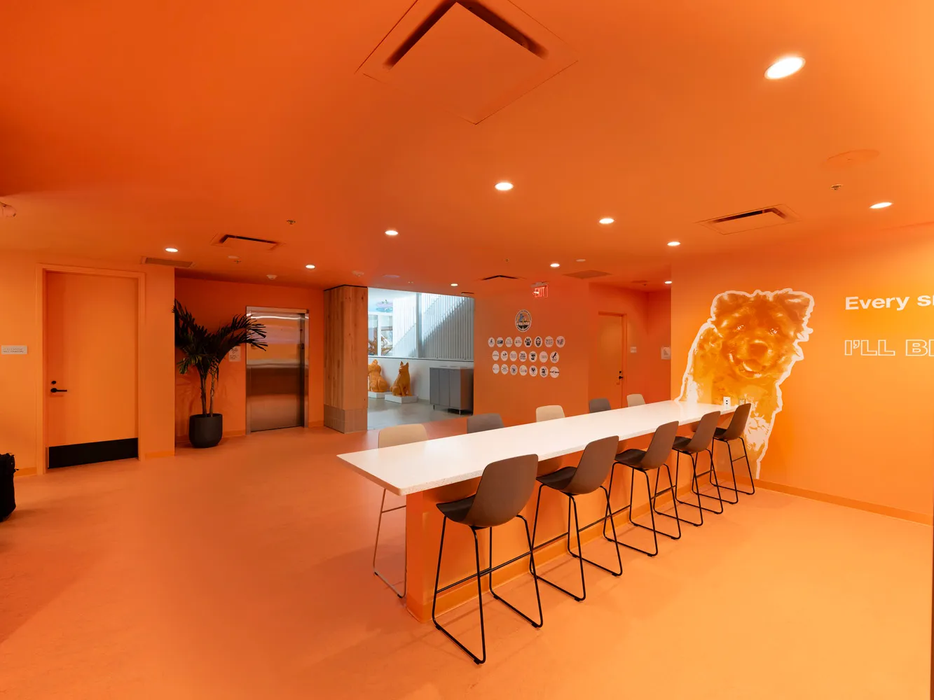 Interior design of a modern lobby with vibrant orange elements.