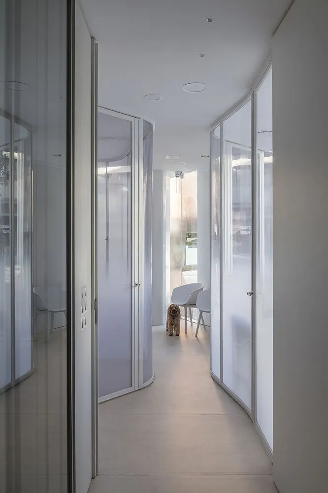 A modern, minimalist interior space with sleek, white walls and glass walls and doors.