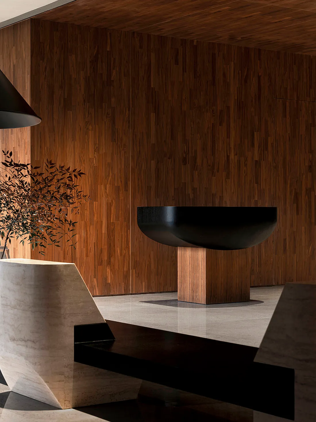 Modern industrial-style lobby featuring wooden walls and a black bowl-shaped feature.