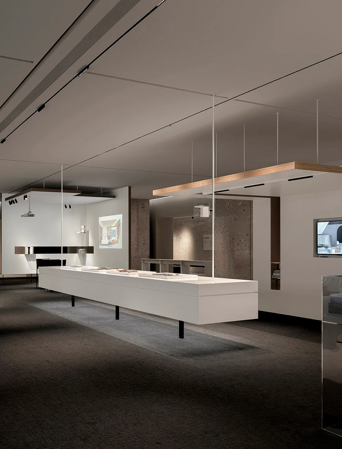 Modern minimalist white interior design featuring sleek, clean lines and open space.