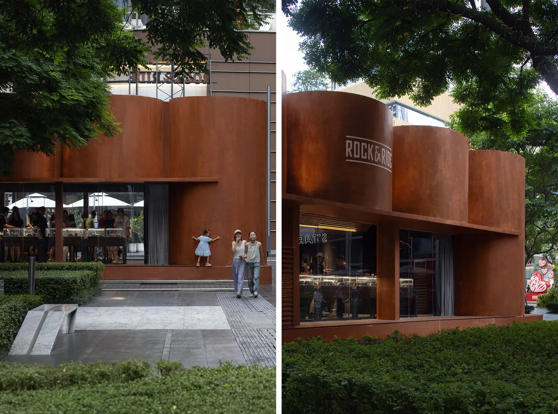Modern retail storefront with rustic metal facade and glass doors.