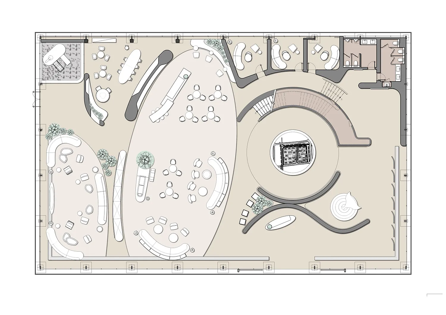 Floor plan of a modern corporate space with concrete finishes, showing various seating arrangements and office layouts.