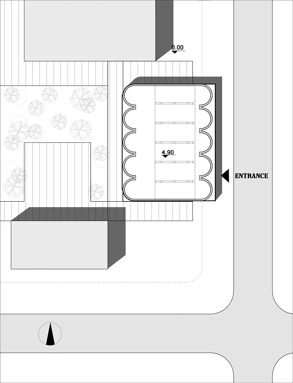 An architectural floor plan depicting a modern commercial interior with concrete walls and a scalloped entrance.