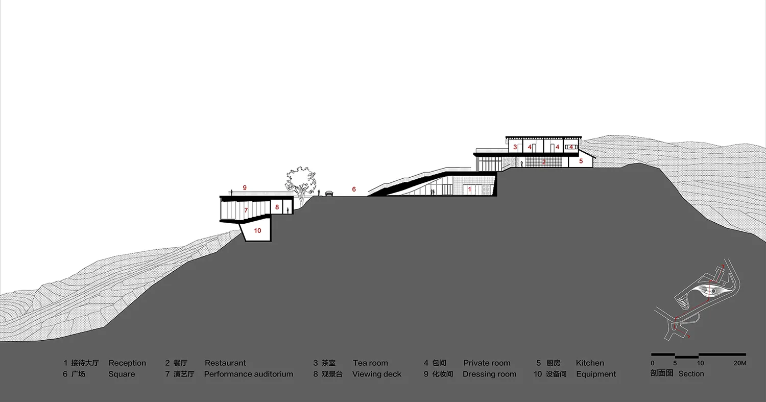 Modern hotel section plan showing various functional areas and spatial composition.