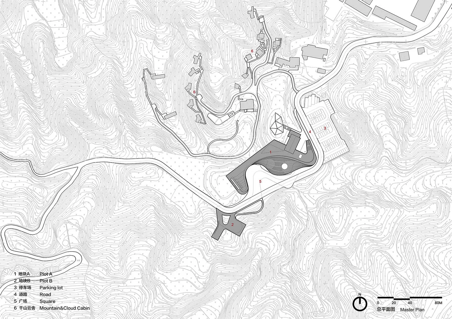 一張詳細的地形圖，顯示景觀建築設計，包含陰影區域、道路與建築物。