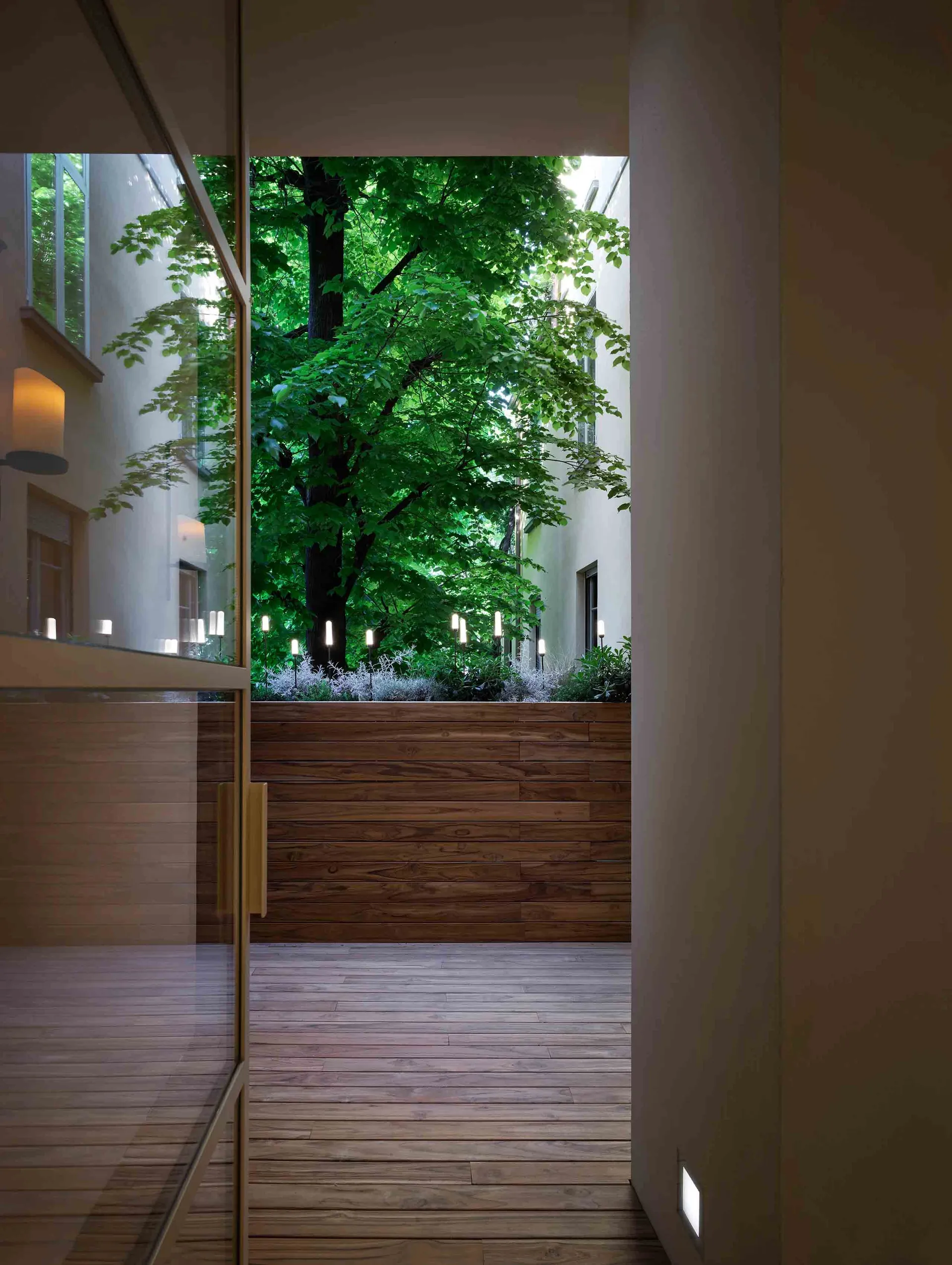 A modern minimalist patio area featuring wooden flooring and greenery.