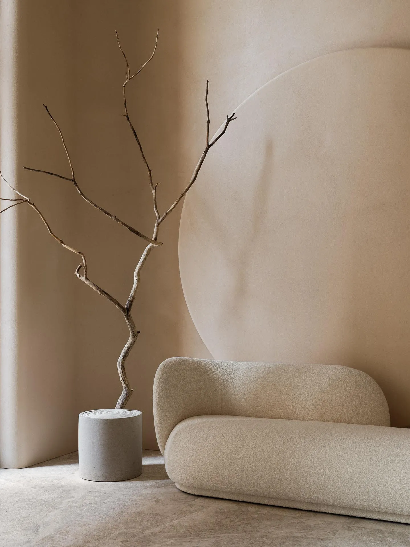 Minimalist interior design featuring a beige sofa with a circular wall feature and a natural branch plant.