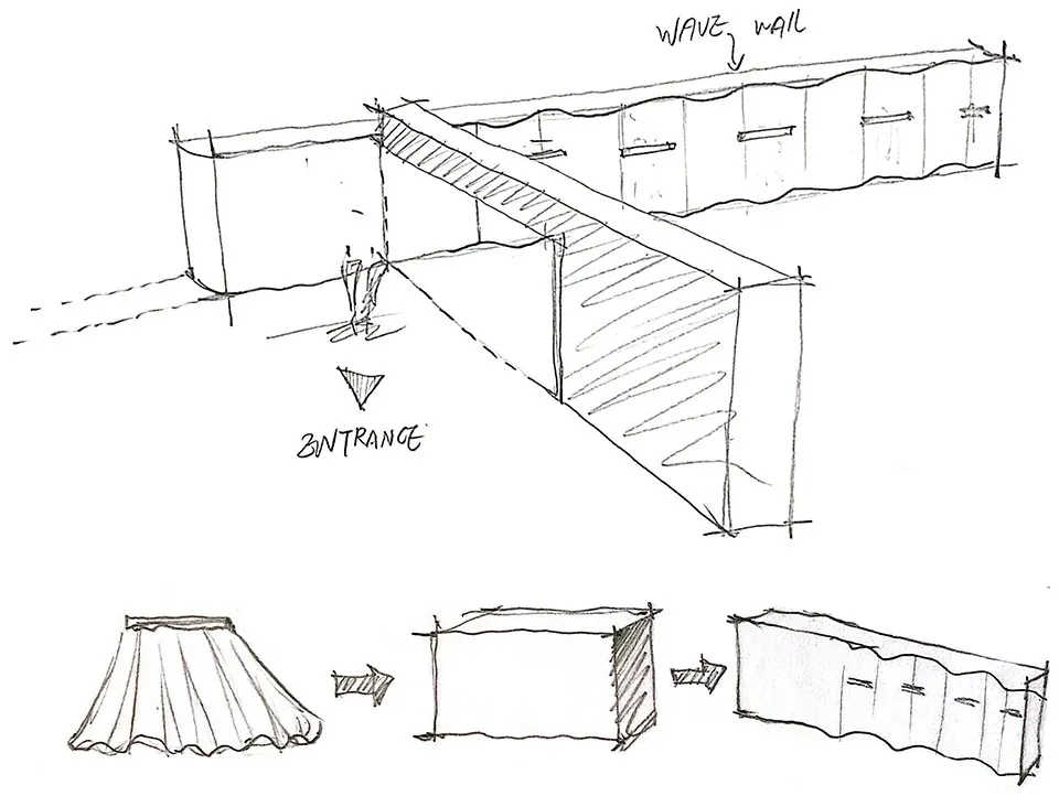 A black and white architectural drawing of a modern bathroom featuring glass walls and a white ceiling.