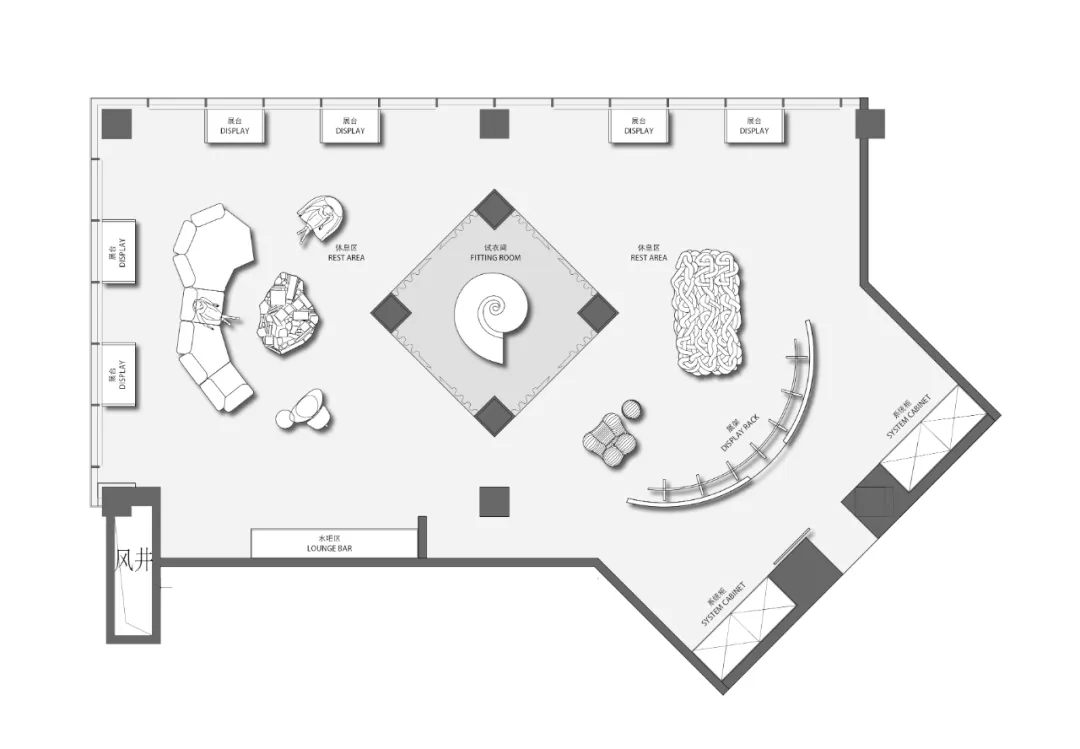 Modern living space with a neutral color palette featuring rest areas, a fitting room, and multiple display zones.