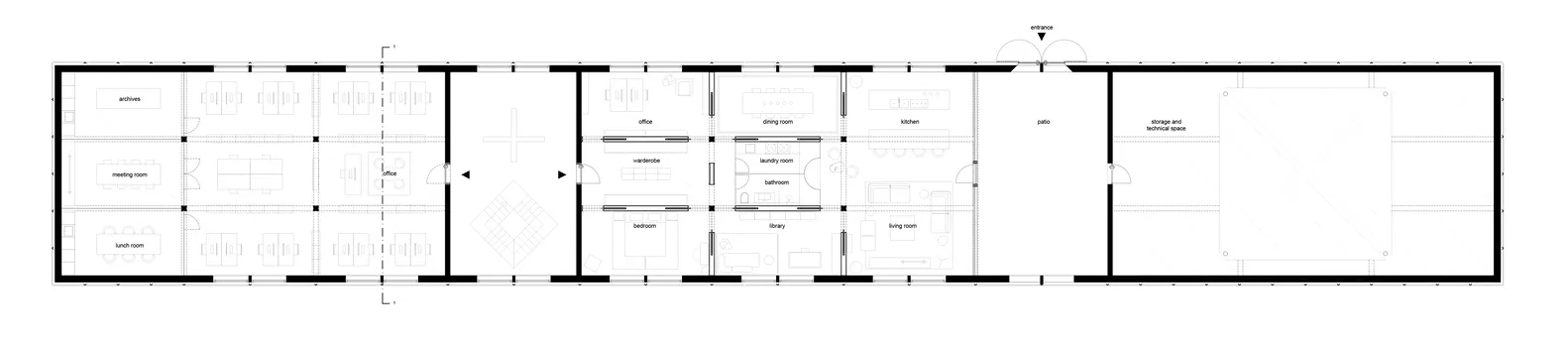 Floor plan layout of a modern office and living space with concrete and glass materials.
