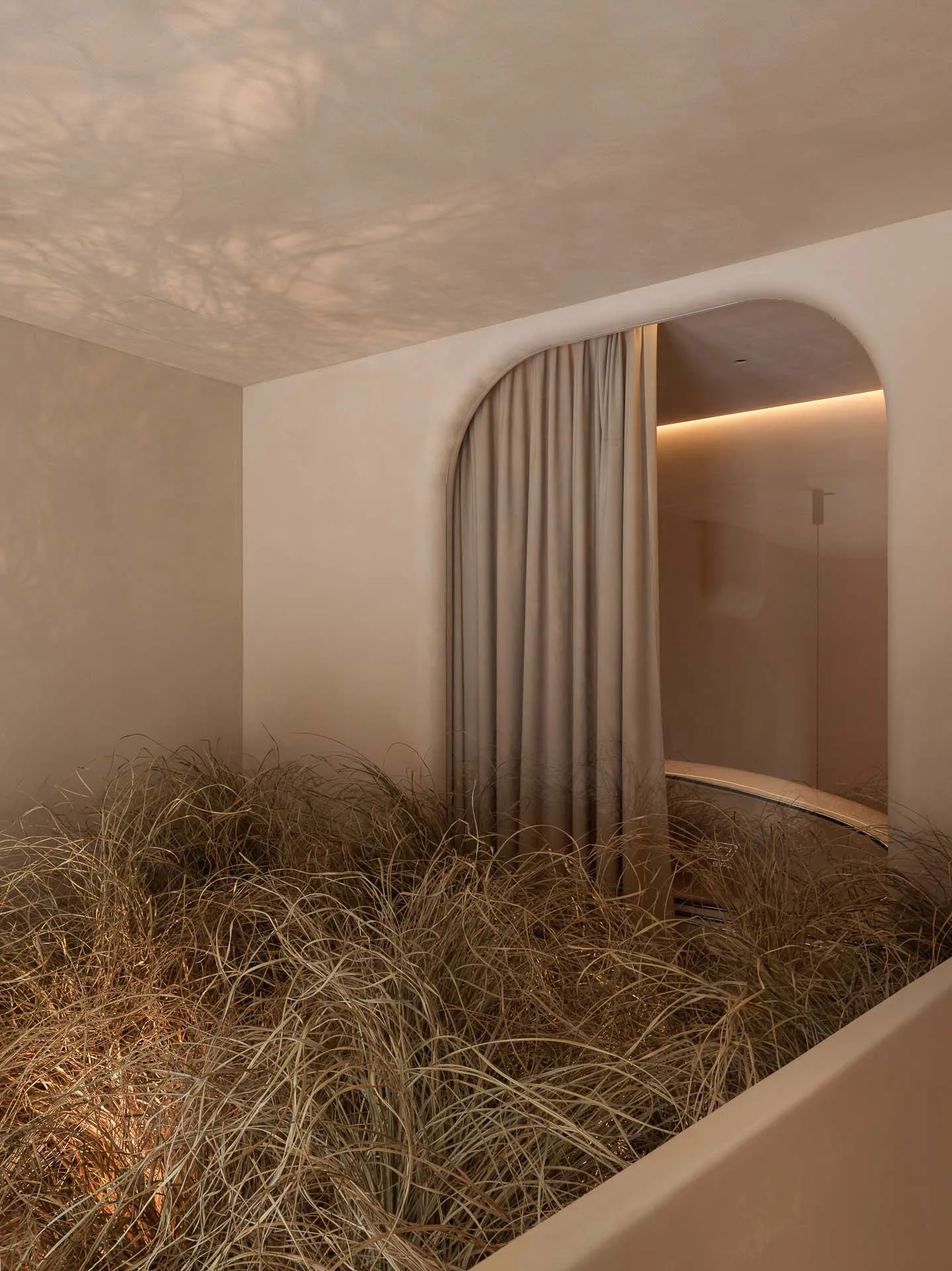 A minimalist interior space with a large arrangement of natural fibers.