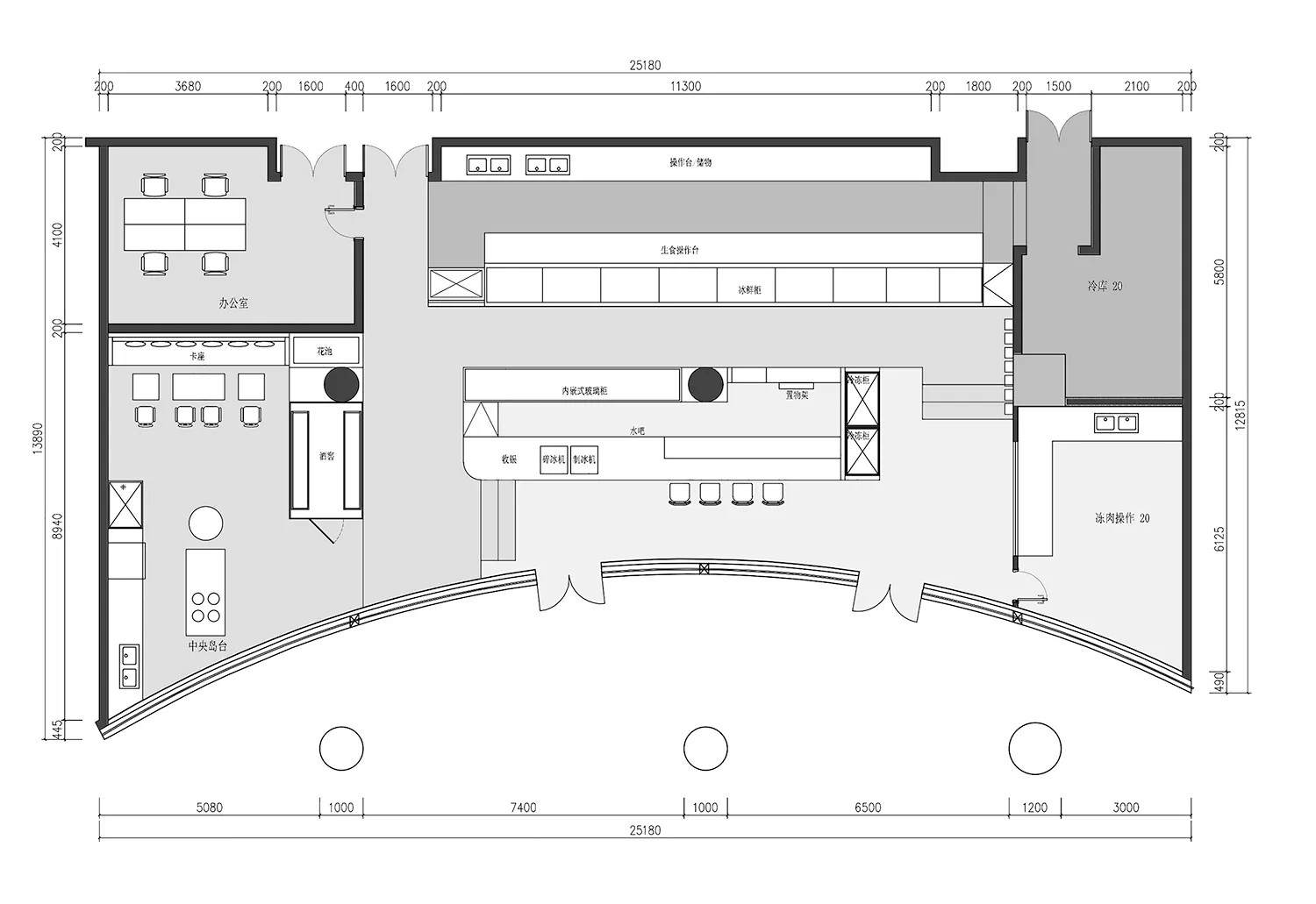 Detailed restaurant kitchen floor plan showing various workstations, storage areas, and operational zones.