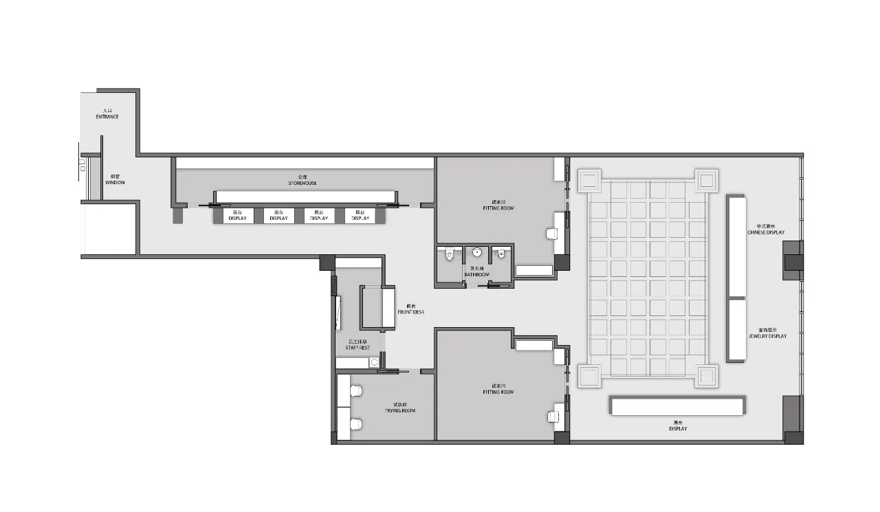 Technical drawing of a retail space design with detailed layout and functional zones including display areas, fitting rooms,