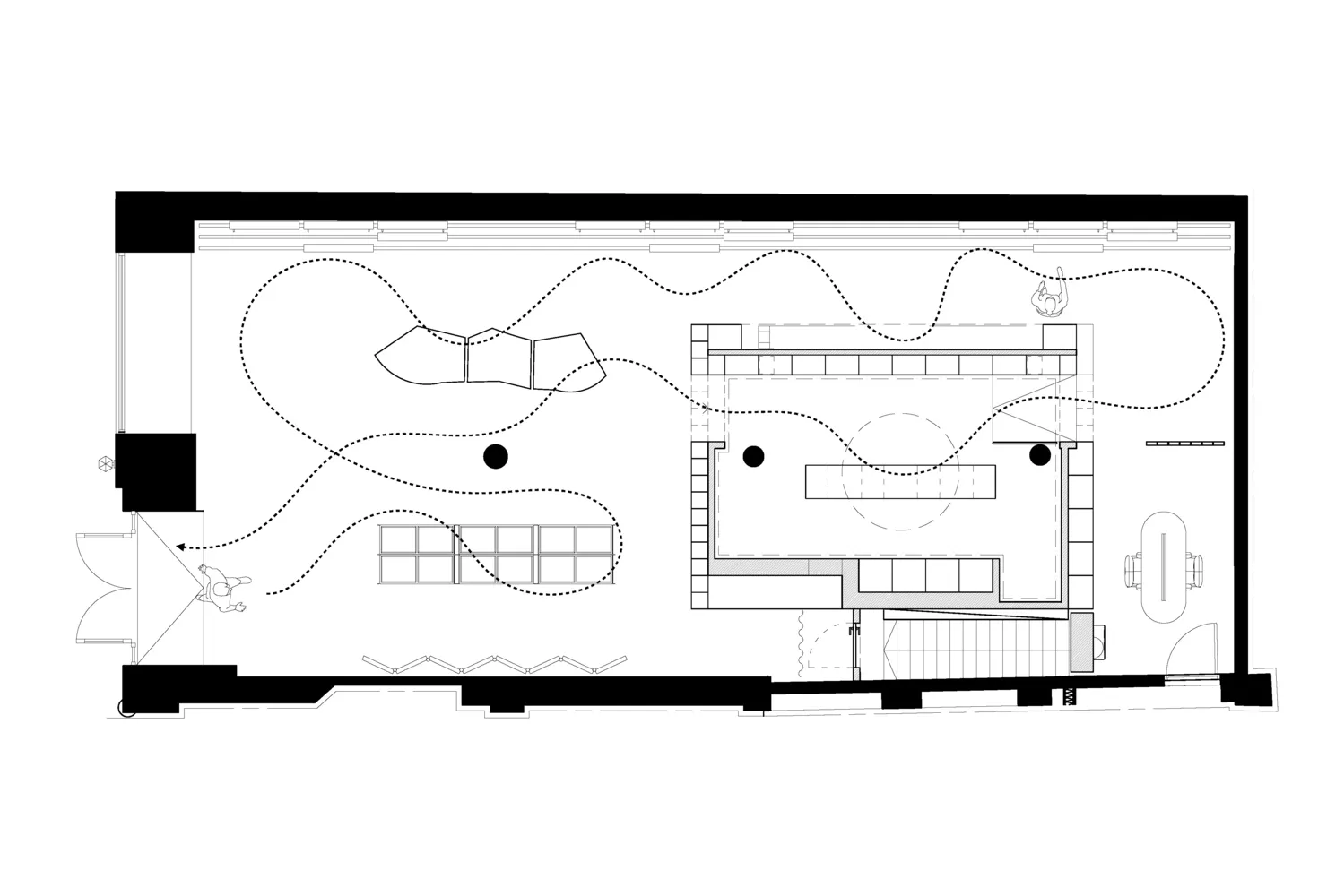 A detailed 2D architectural plan of a modern office space featuring concrete finishes.