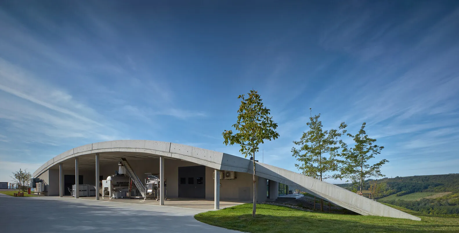 Modern, curved, concrete winery building with a sloping ramp and green surroundings.