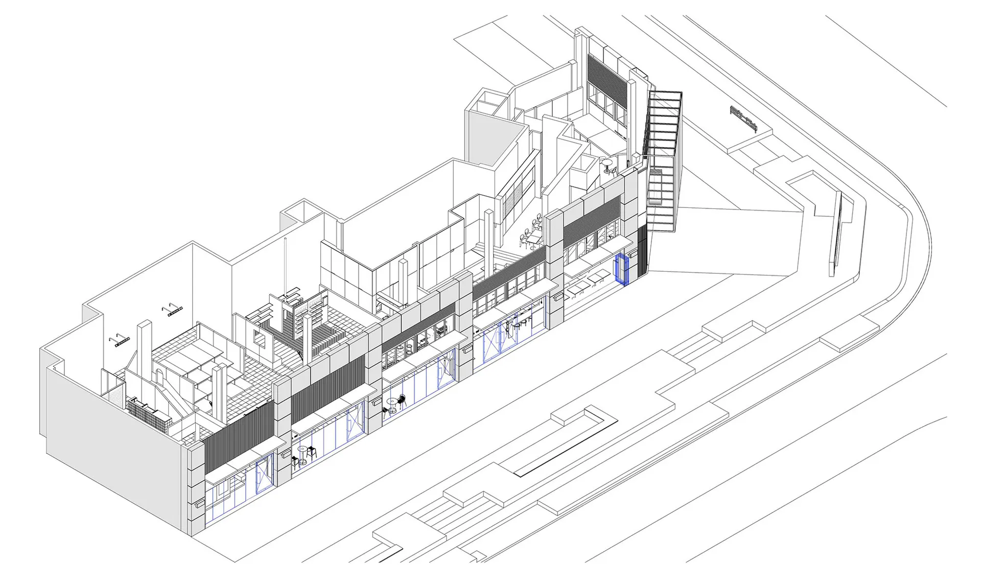 現代建築室內的建築渲染圖，展示金屬、玻璃與混凝土材質。