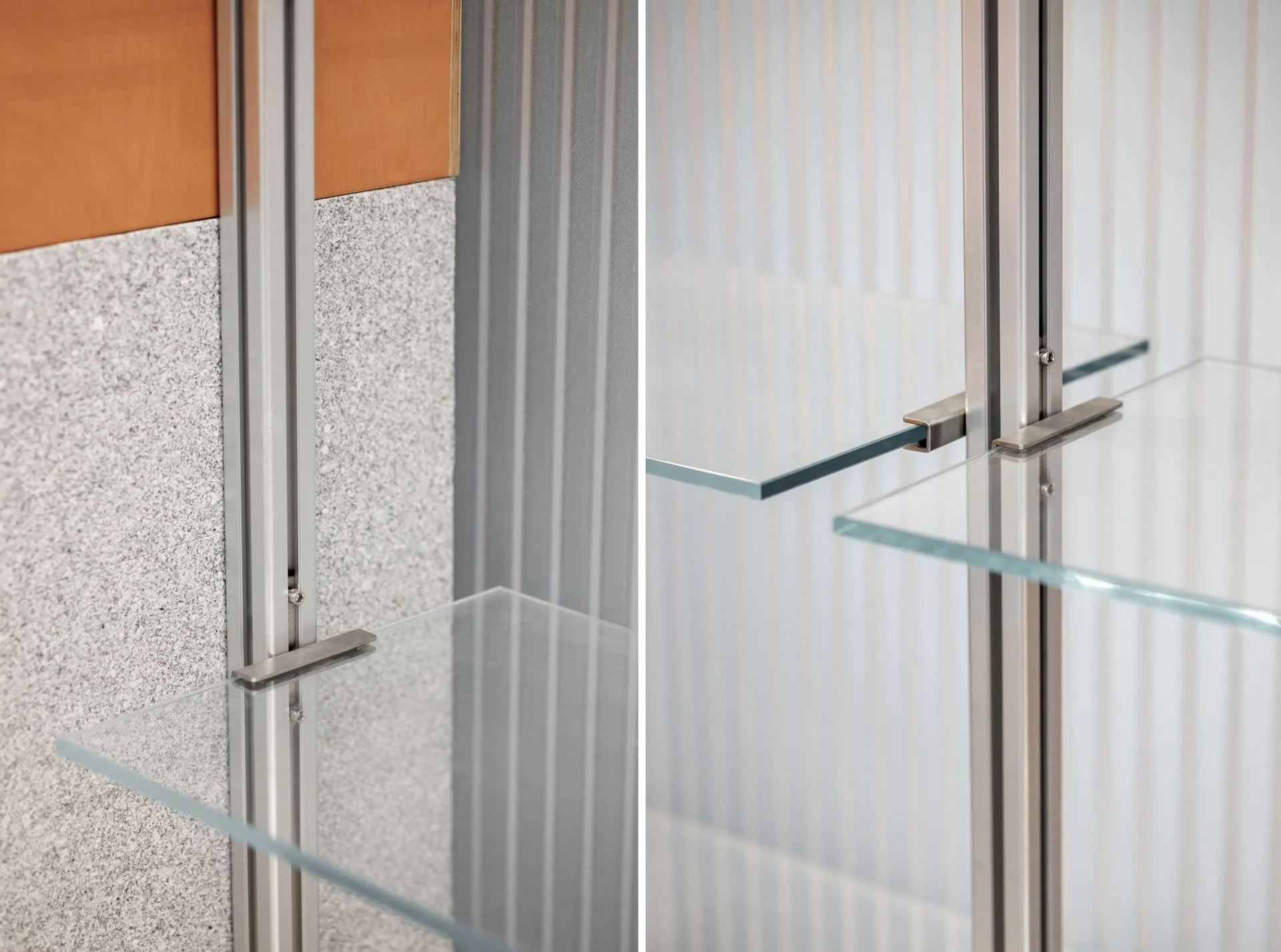 Glass shelves mounted with aluminum rails, showcasing contemporary design elements.