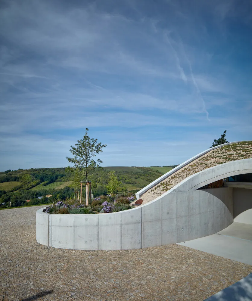 Contemporary landscape design featuring a curving, concrete structure with a green roof and natural surroundings.