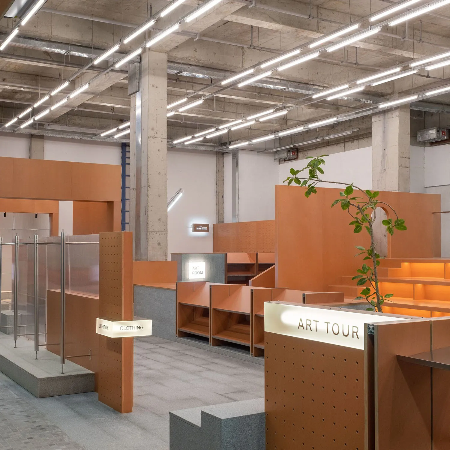 Modern retail space featuring a minimalist design with concrete and orange materials.