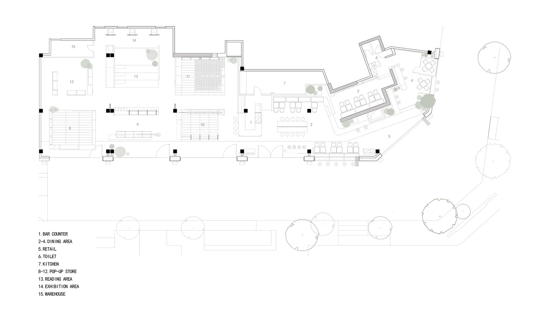 Detailed architectural floor plan of a modern, minimalist concrete reading room with furniture arrangement and signage.