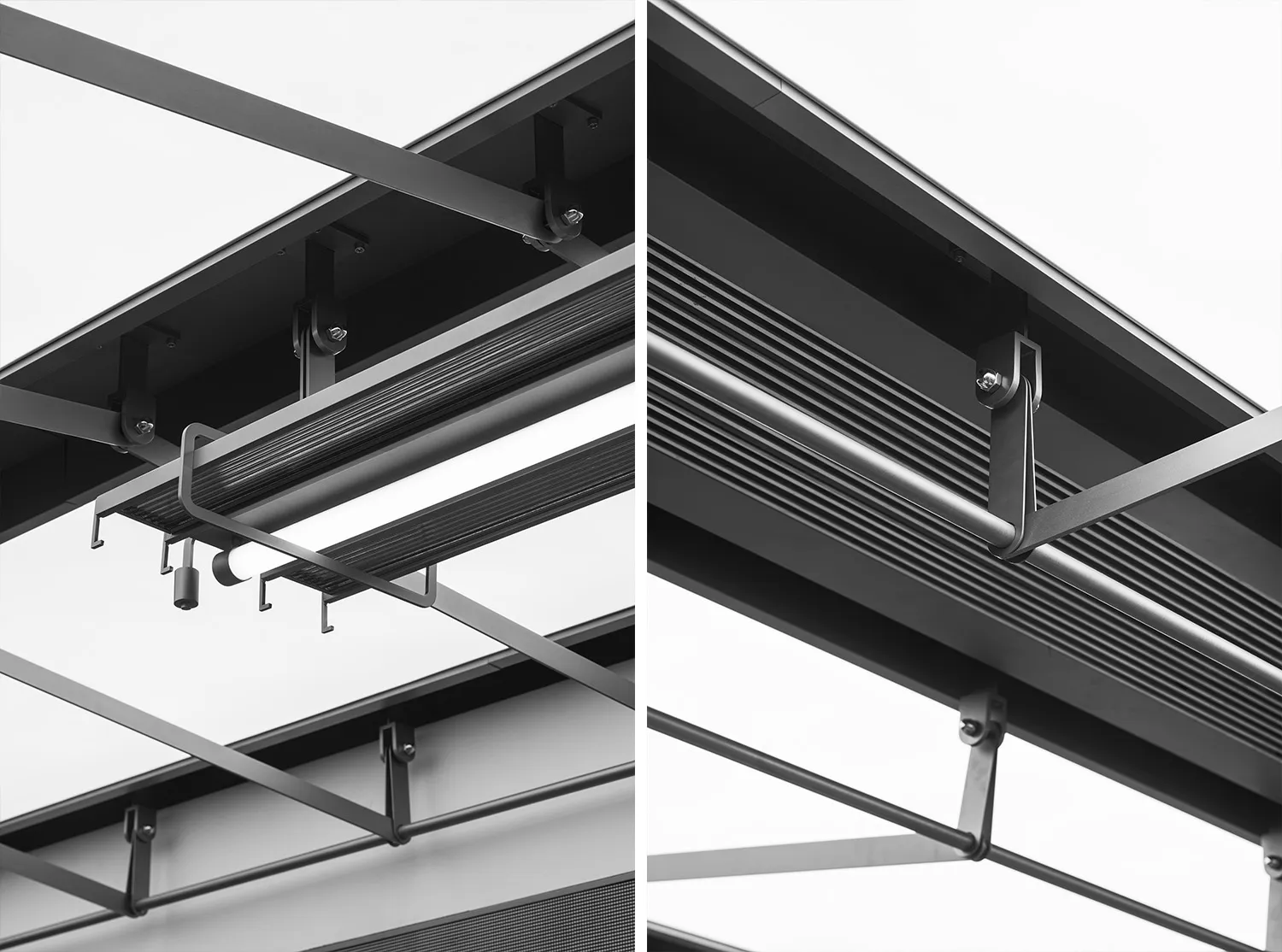 Close-up view of industrial steel frame architecture with metal beams and structural elements.