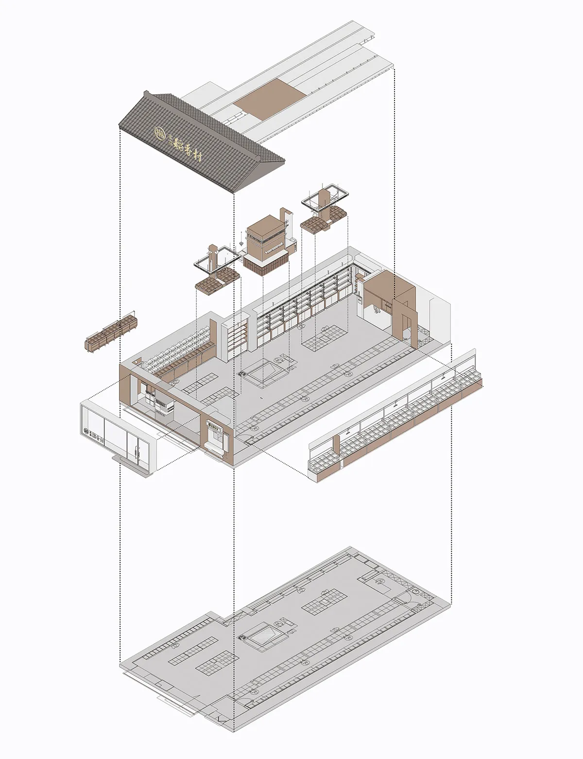 A detailed architectural design of a traditional Japanese tea shop, showcasing its interior layout, materials, and functional