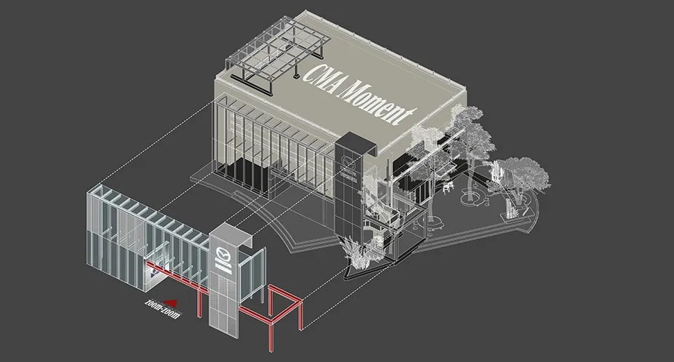 An isometric architectural drawing of a modern glass and metal building exhibiting the words 'CMA Moment'.