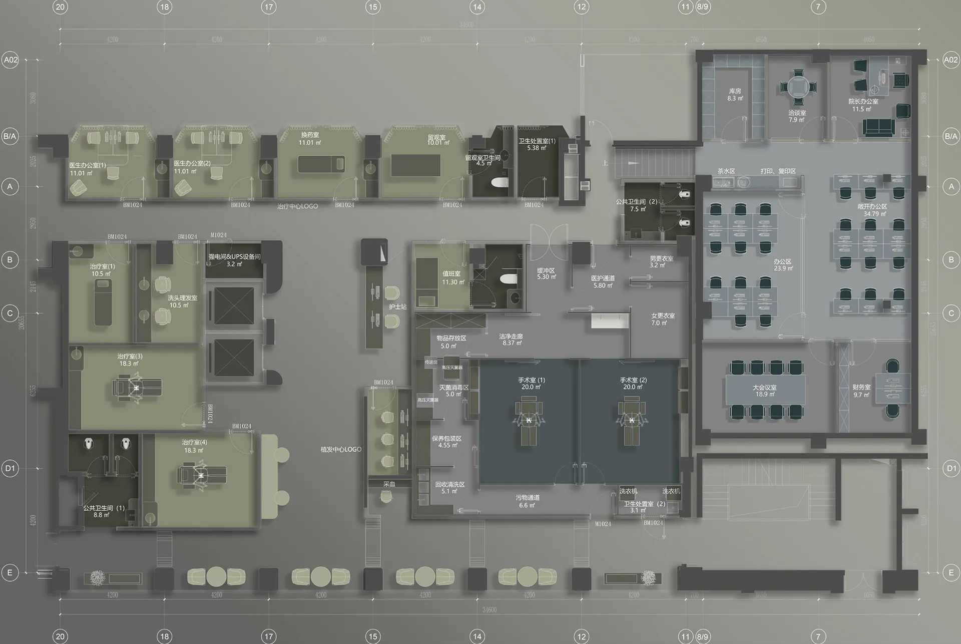 2D technical architectural drawing of a hospital's patient space, showing various rooms and functional areas.