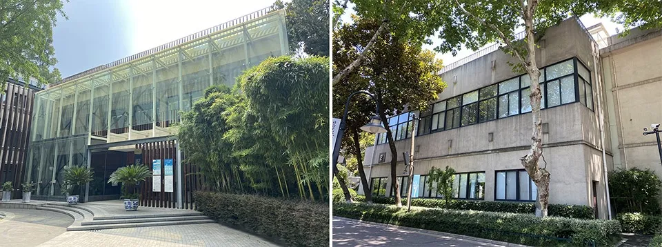 兩棟現代建築物位於都市環境中，一棟擁有玻璃外牆與竹子植栽，另一棟則有大型窗戶與