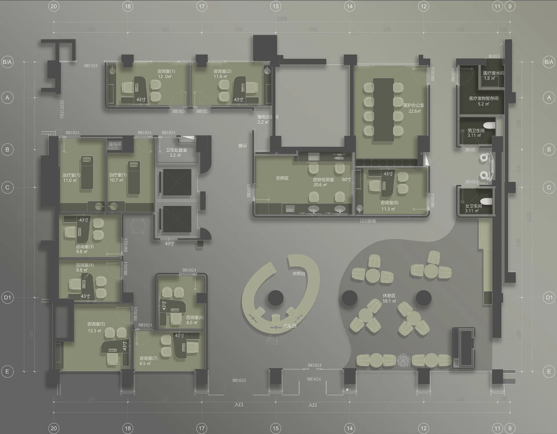2D architectural floor plan of a hospitality design project with multiple rooms and functional areas.