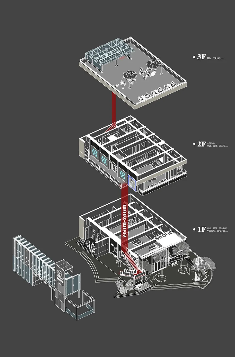 現代室內空間的詳細2D建築圖，聚焦於結構元素。