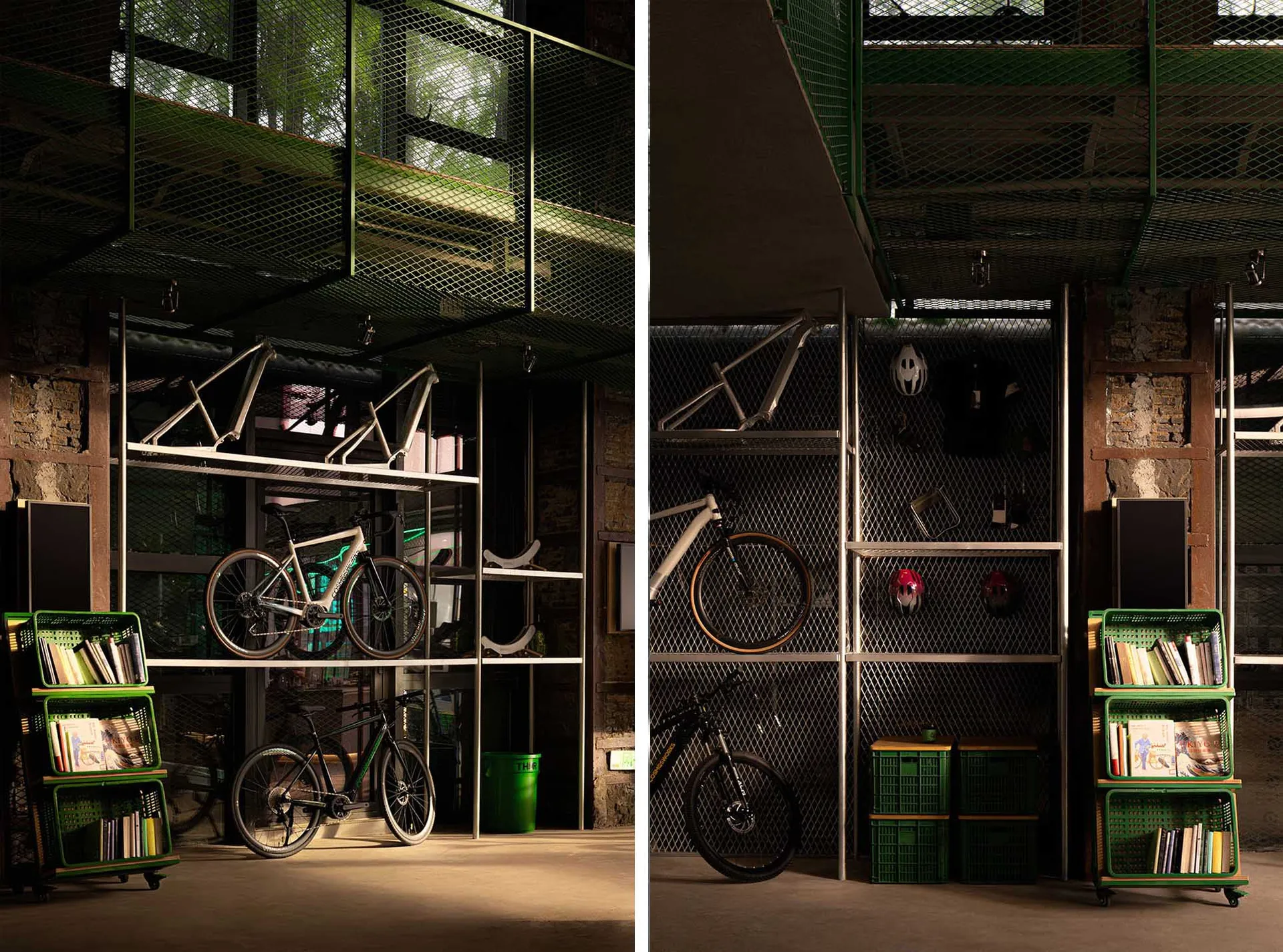 Industrial-style cycling storage and display area with metal shelves, concrete walls, and bicycles.