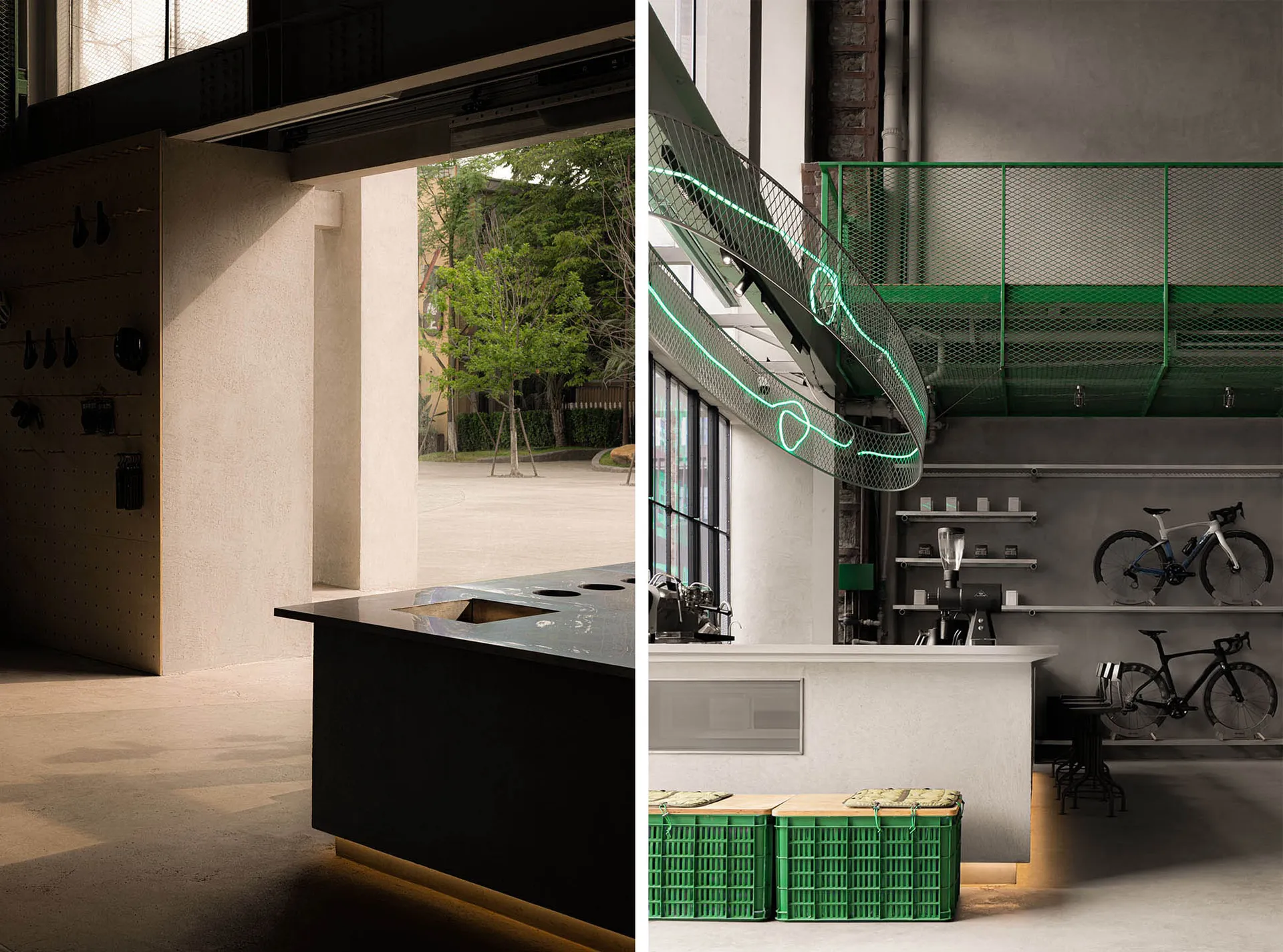 Modern industrial design coffee shop with concrete floor and green mesh railing.