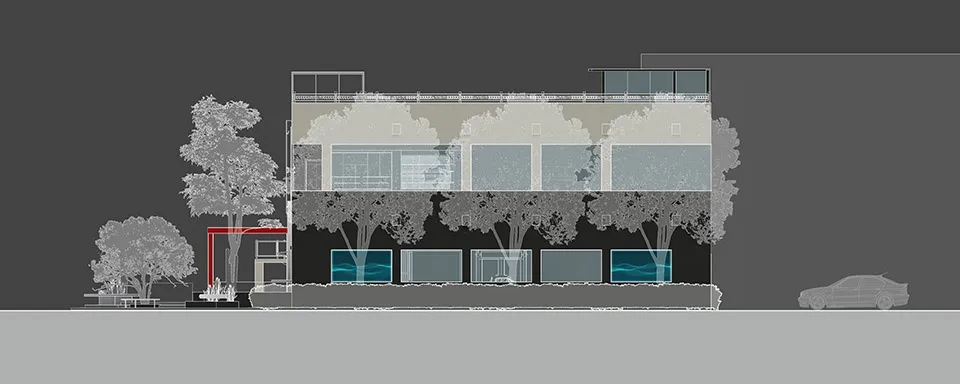 A modern residential architecture concrete plan with a view of a car parked nearby.