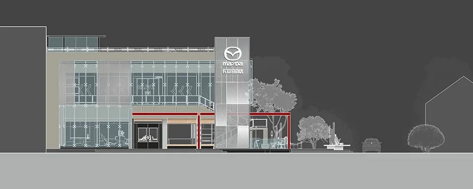 A modern commercial retail space featuring glass facade, concrete, and metal signage.