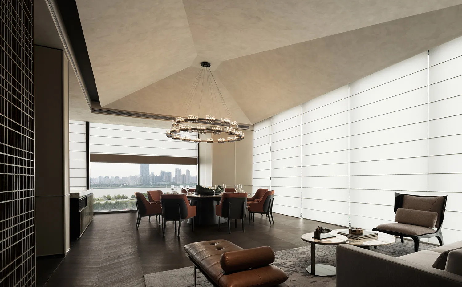 A modern residential living room featuring glass, wood, and leather materials.
