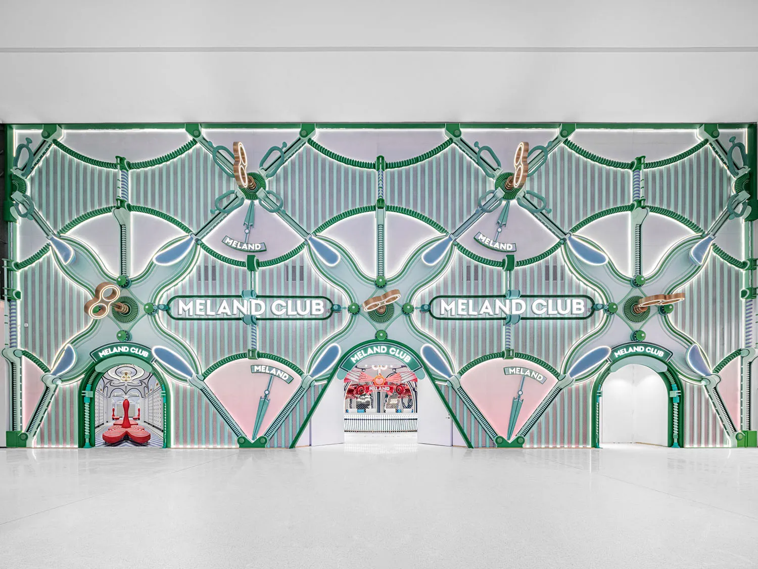 A minimalist club interior with metallic elements.