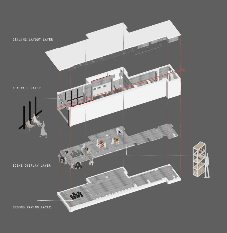 Detailed architectural rendering of a modern interior featuring concrete materials.