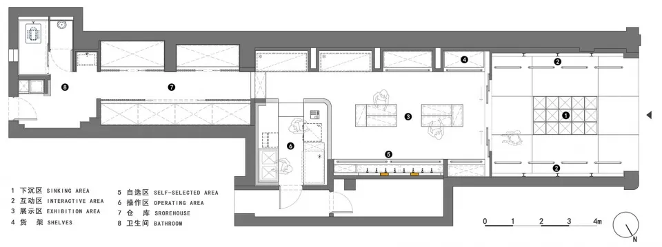一張黑白現代室內建築平面圖,展示鋼柱、混凝土牆與玻璃隔間