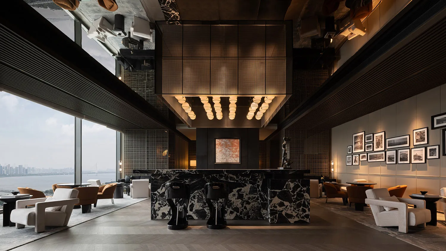 Modern lobby with marble finishes and minimalist design.