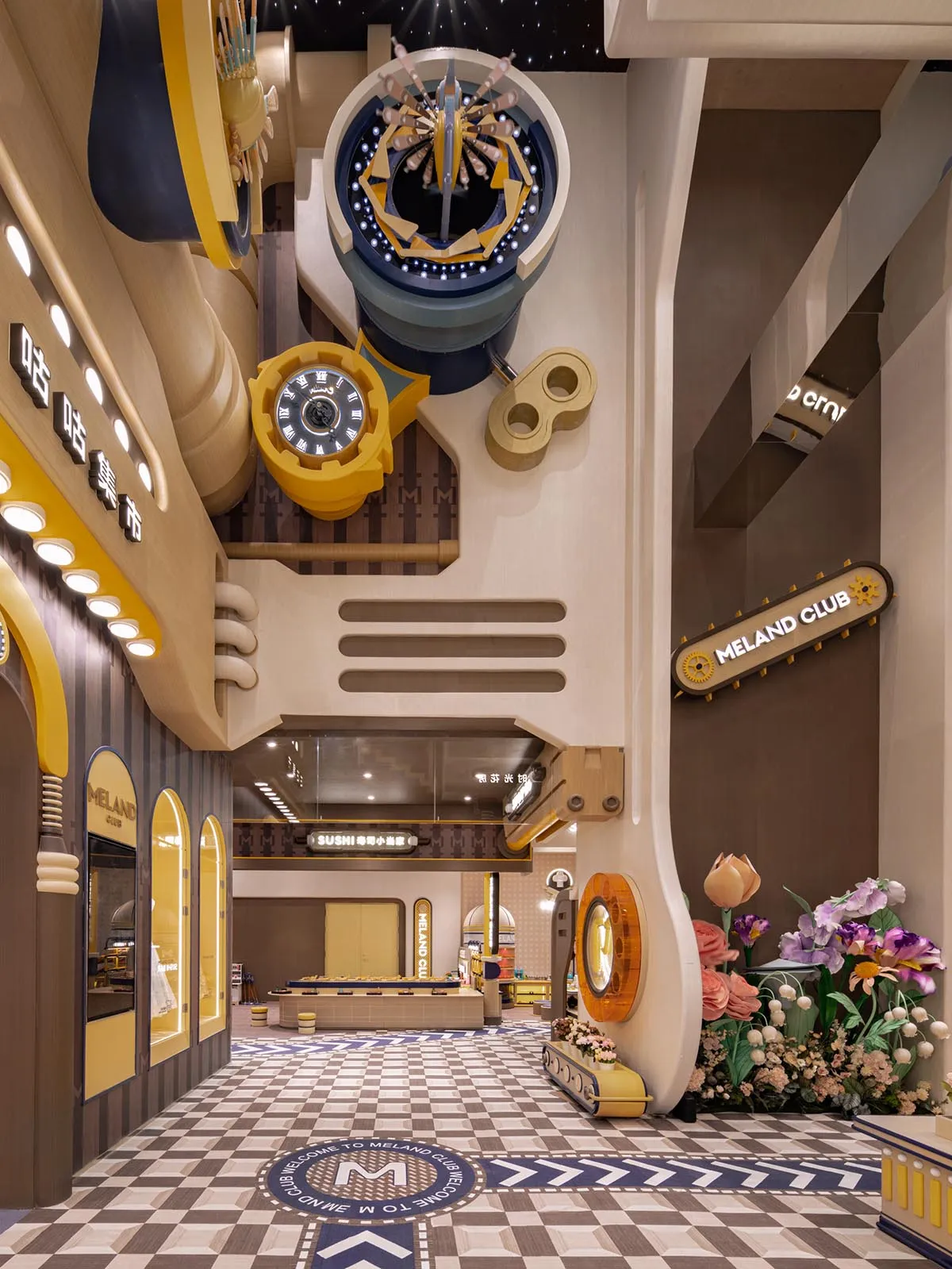 An industrial-themed restaurant interior designed with metallic materials and a futuristic clock.