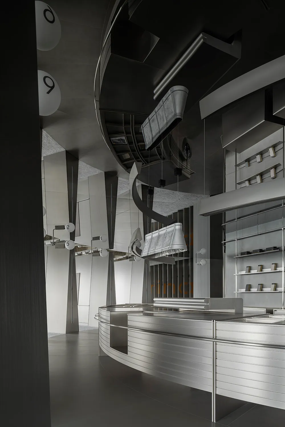 A futuristic modern retail storefront with metallic steel elements.
