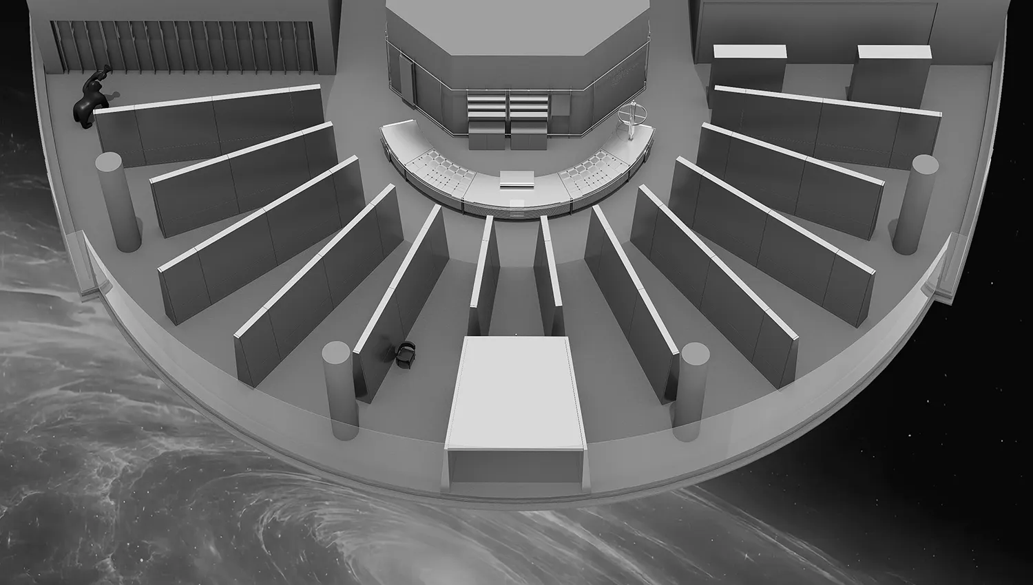 A metallic conference table design concept for a futuristic conference room.