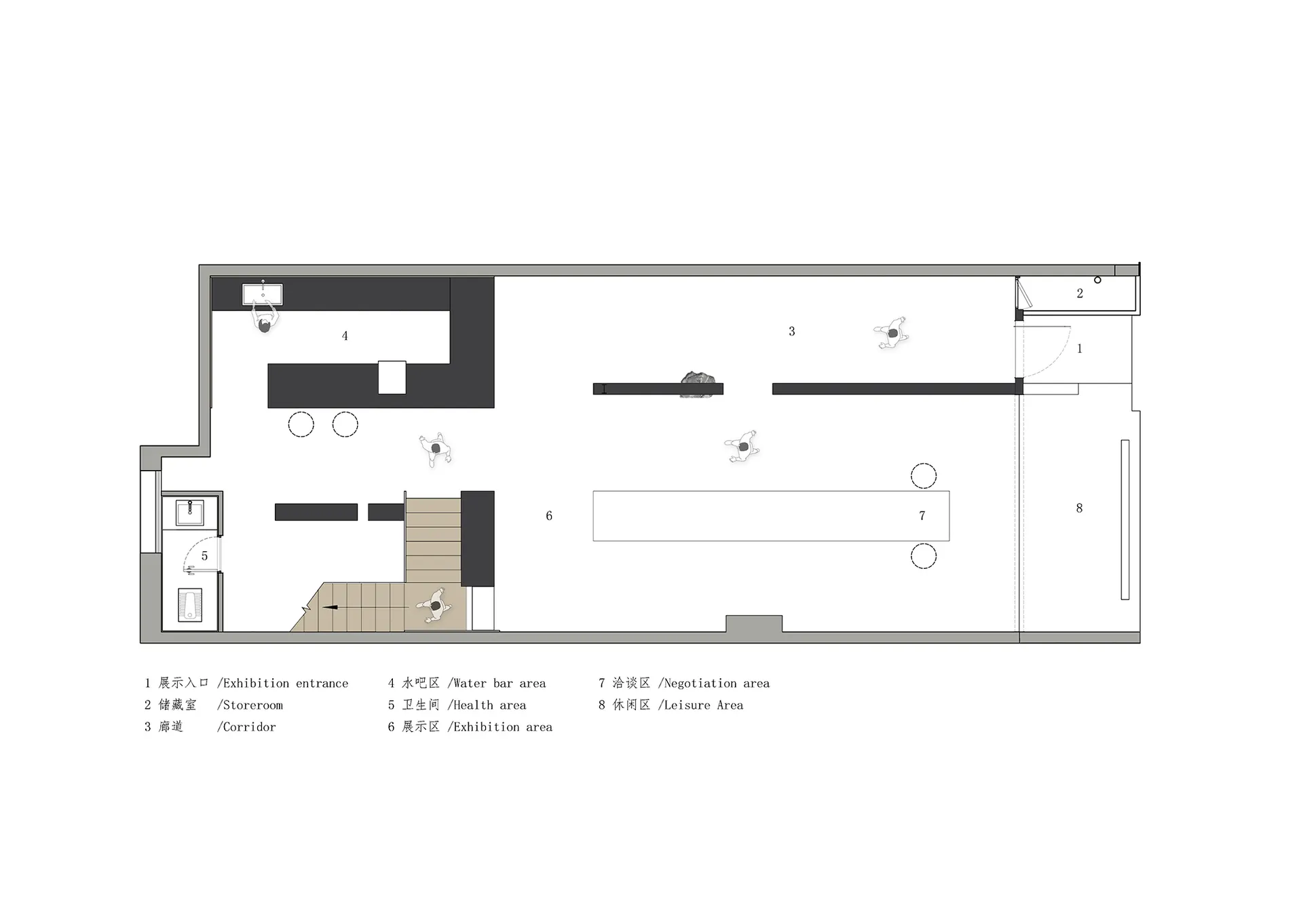 A floor plan of an exhibition center showing spaces for exhibition, storage, and leisure areas.