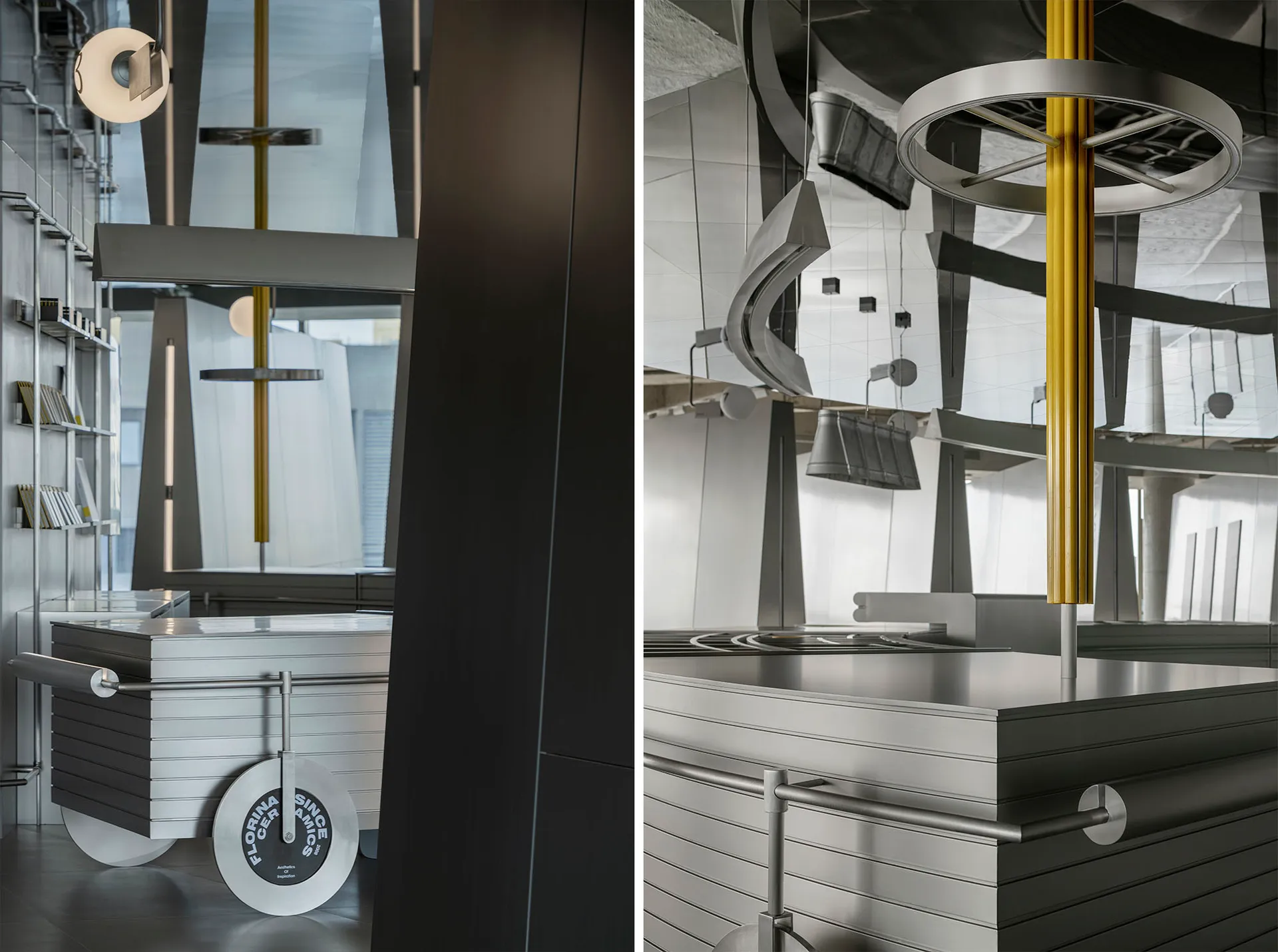 Industrial-style modern kitchen featuring metallic surfaces and minimalist design.