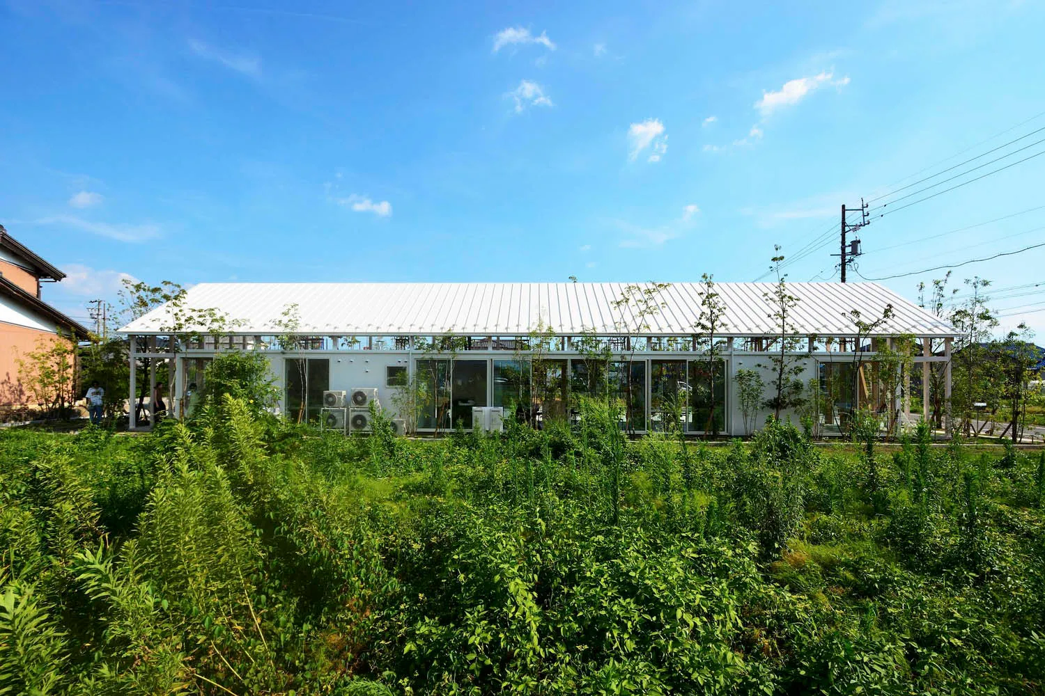 Modern commercial building with metallic roof and walls surrounded by greenery.